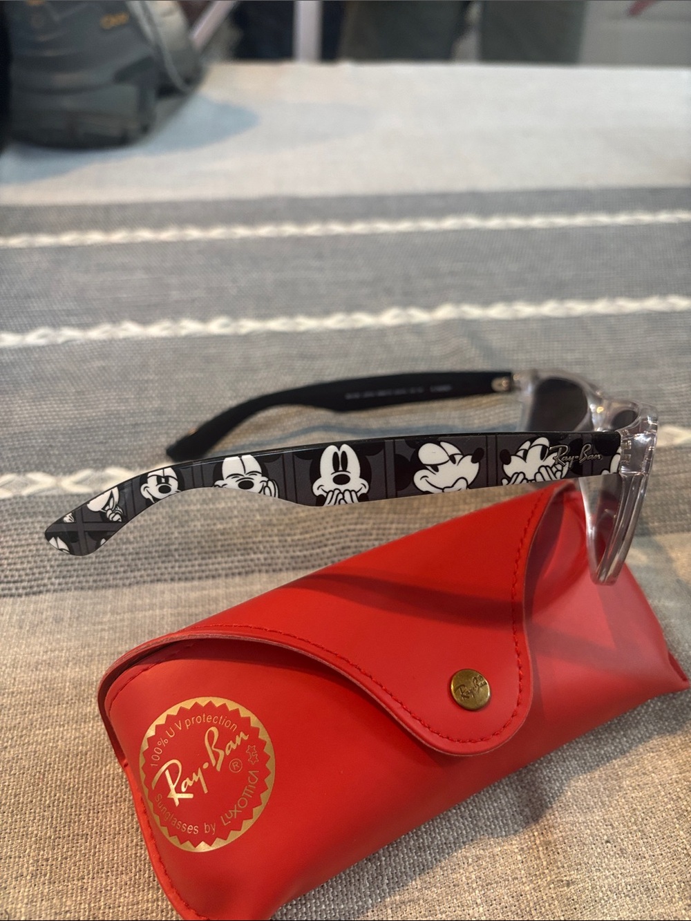 Ray-Ban Polarized Disney Clear Frame Sunglasses, Dark Gray Lenses and Red Case